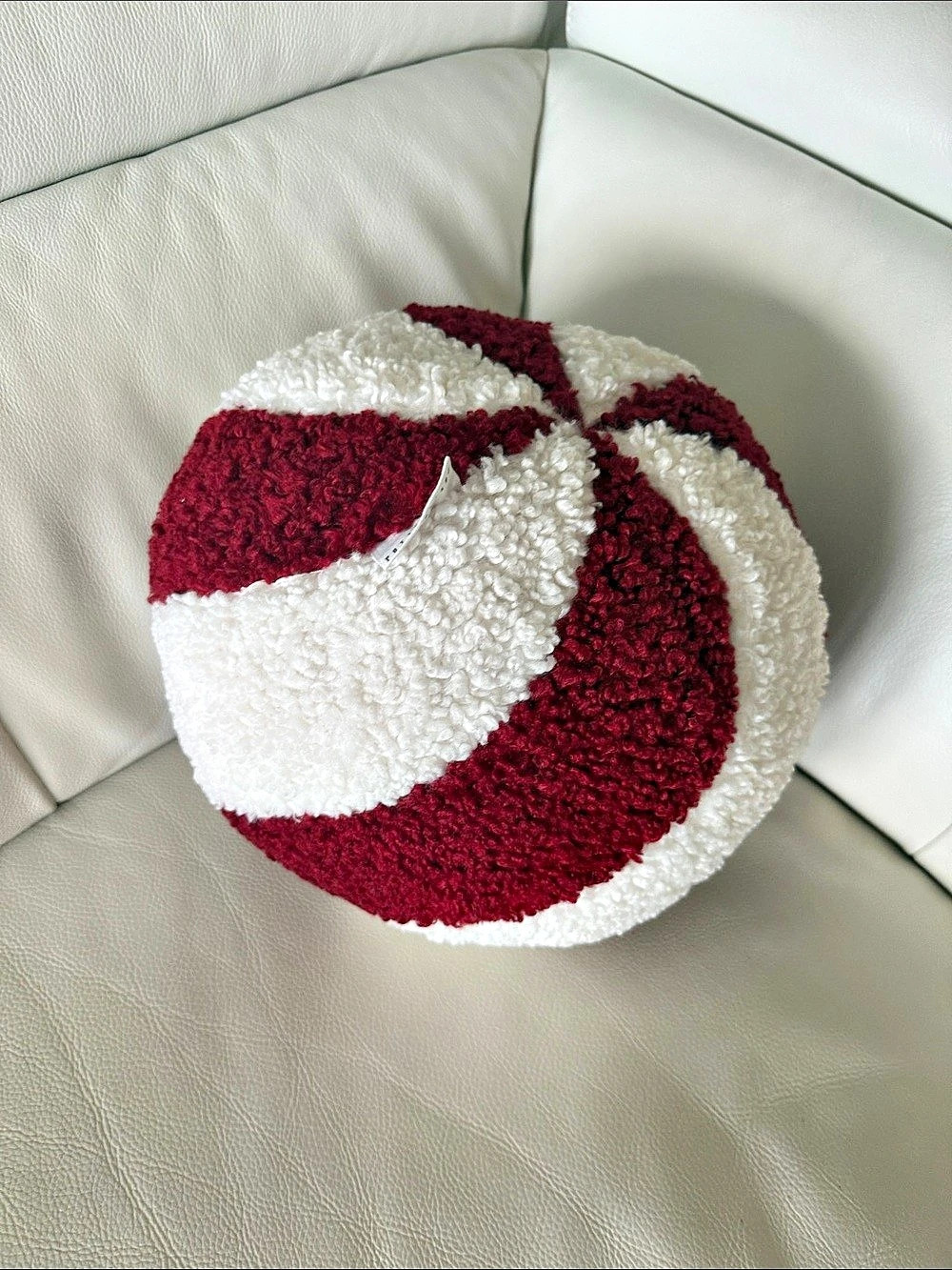 Pottery Barn Cozy Round Ball  Peppermint Candy Shaped Pillow Red & White